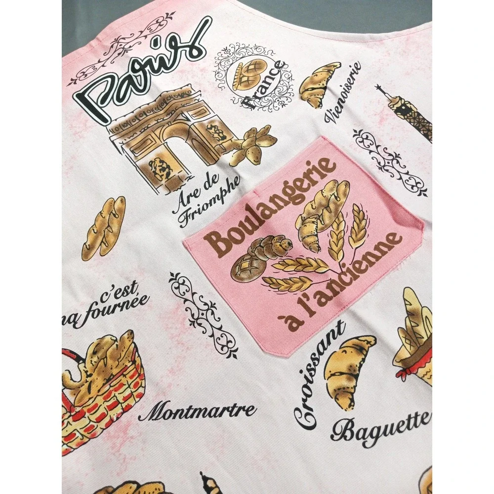 Paris Boulangerie French Bakery Print Cotton Bib Apron Pink White One Size